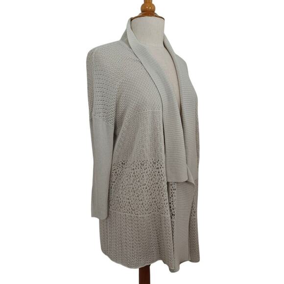 EILEEN FISHER Waterfall Open Front Cardigan Sweater Large Cream Open Knit Silk - Picture 4 of 8